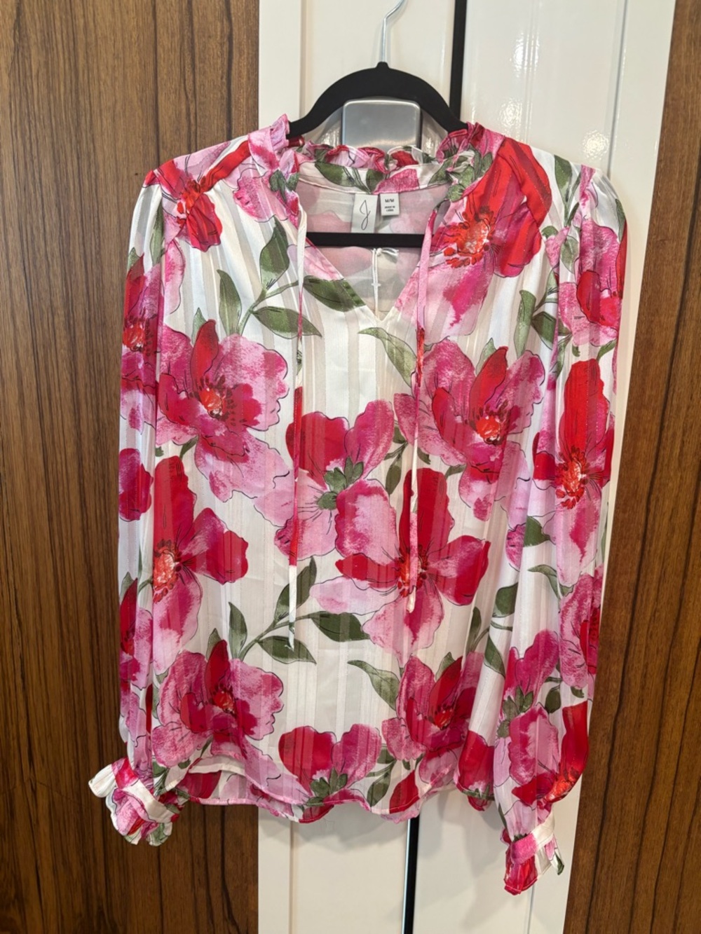 Joie Pink and Red Floral Tie-Neck Blouse